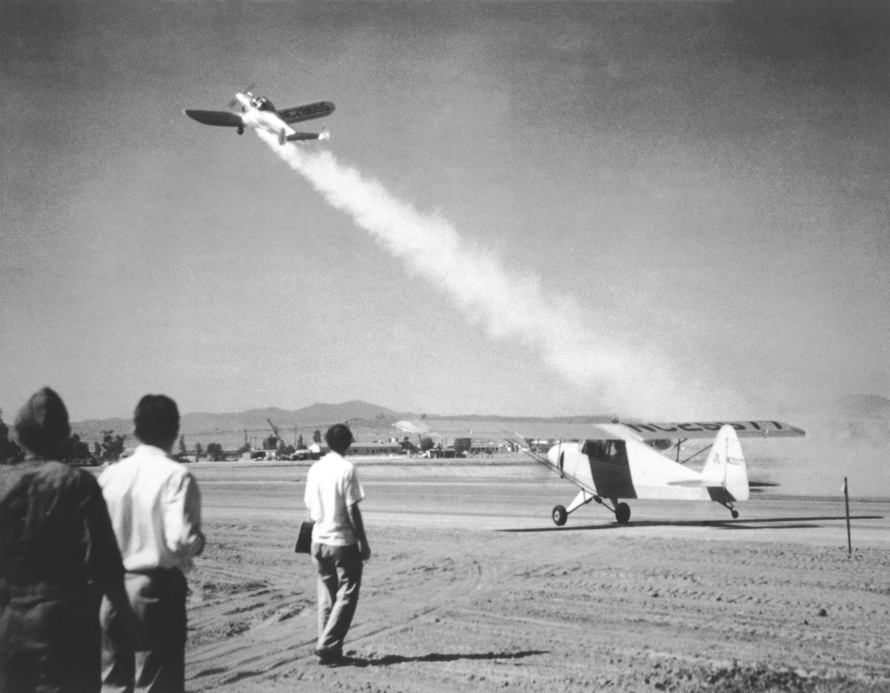 An Ercoupe aircraft taking off from March Field on GALCIT jet-assisted take-off boosters, 12 August 1941